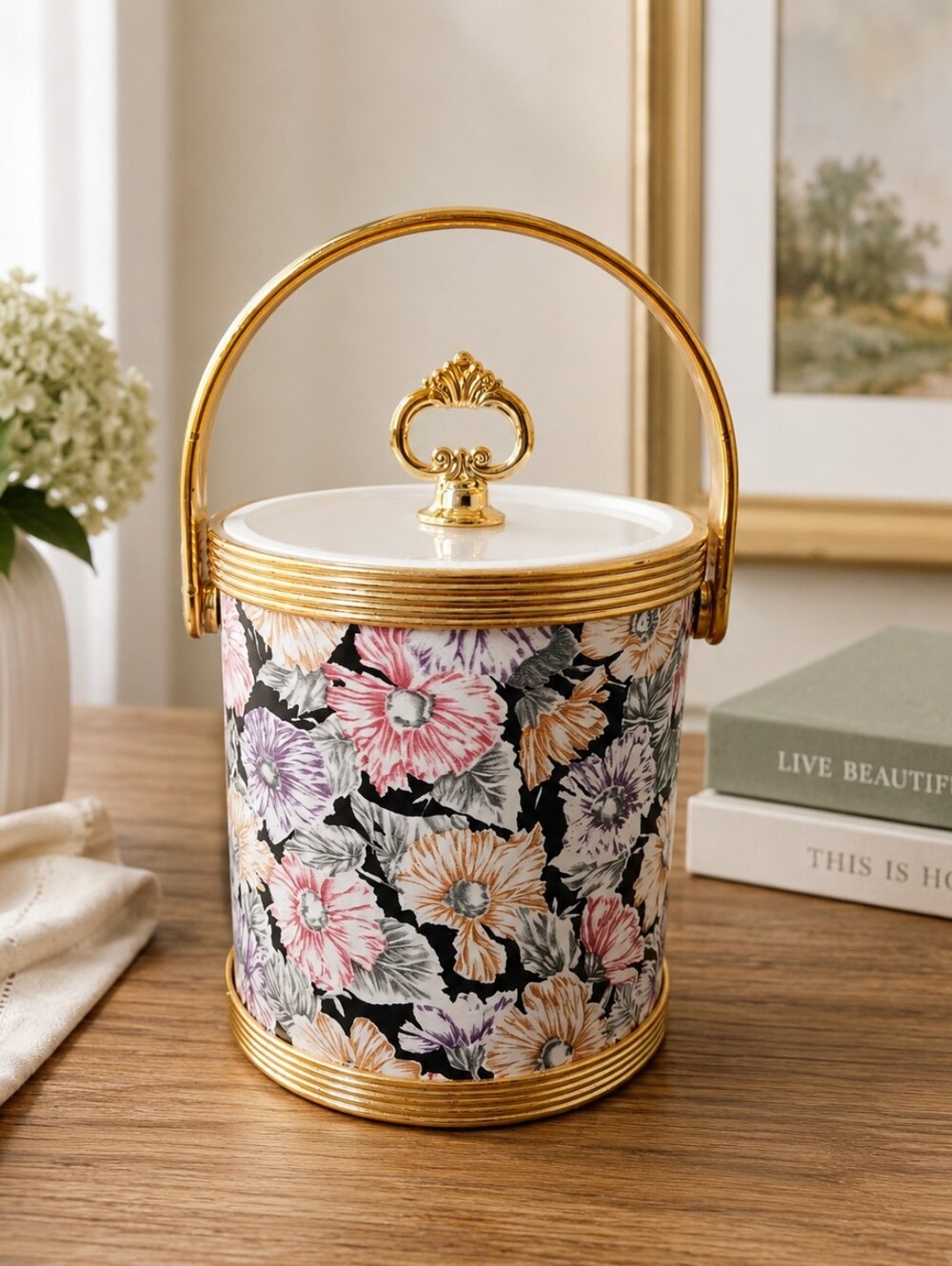 Retro Floral 80's Vinyl Ice Bucket with Gold tone Rim And Handle Vintage Barware